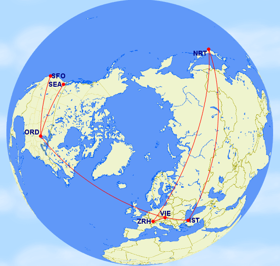 My routing (approximately) for only 67,500 US Airways miles with the 25% rebate