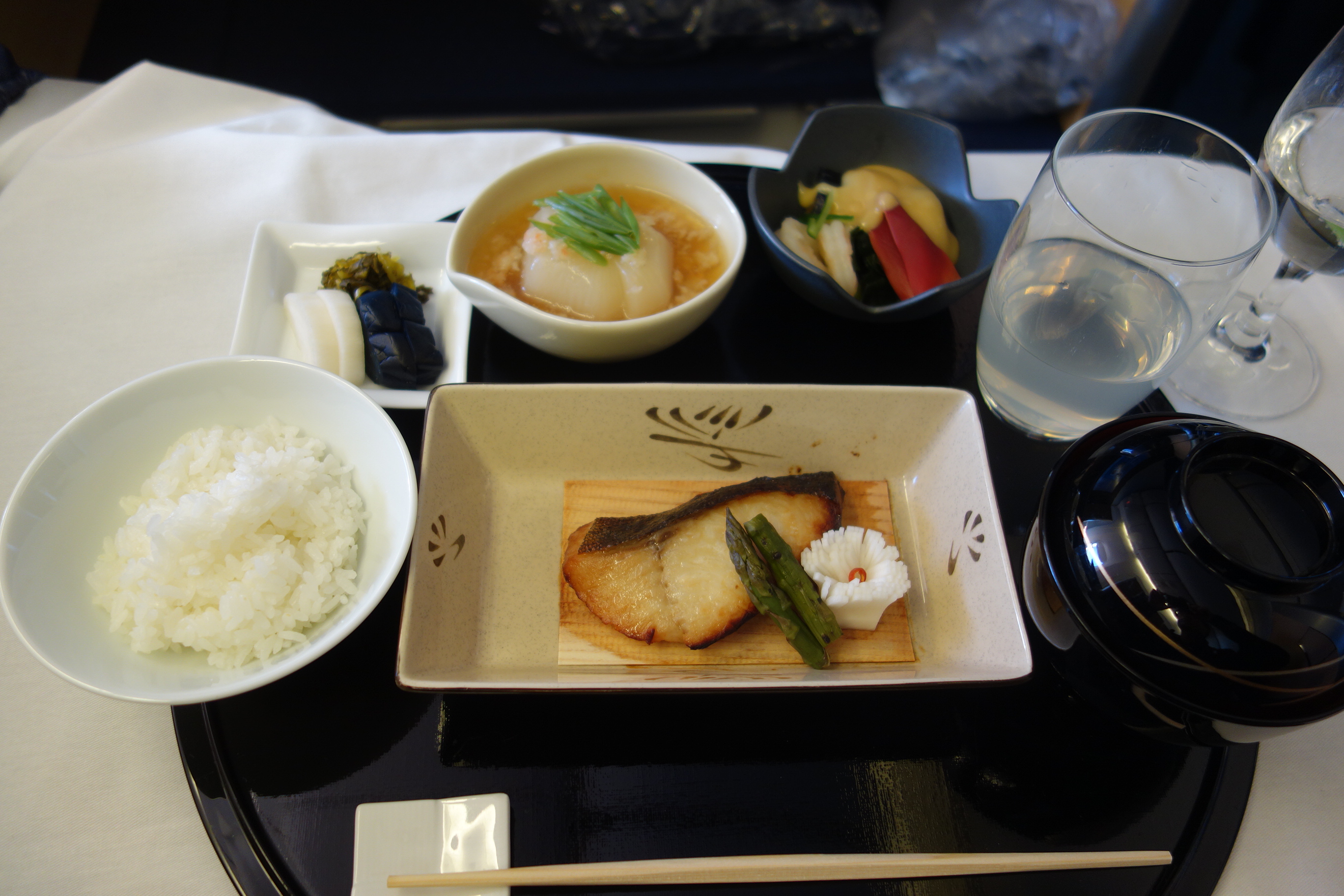 Simmered turnip, shrimp and surf clam, pickles, grilled sablefish, rice, miso soup
