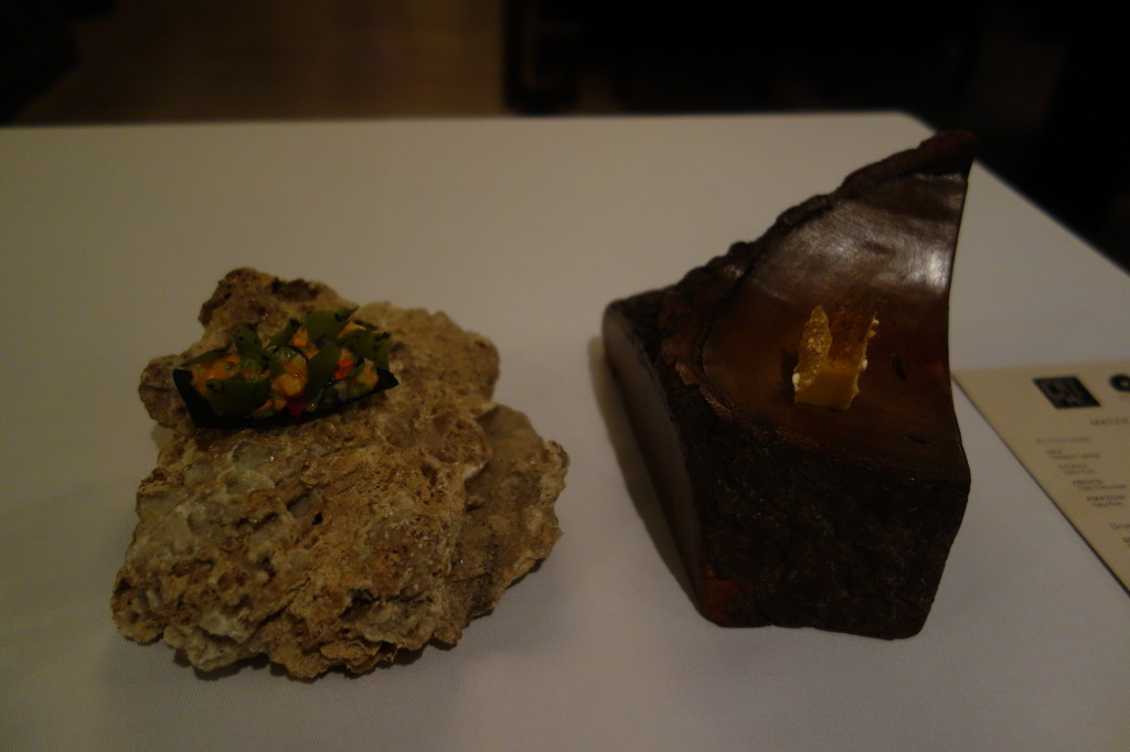 Squid on top of seaweed cracker; sweet potato with camomile