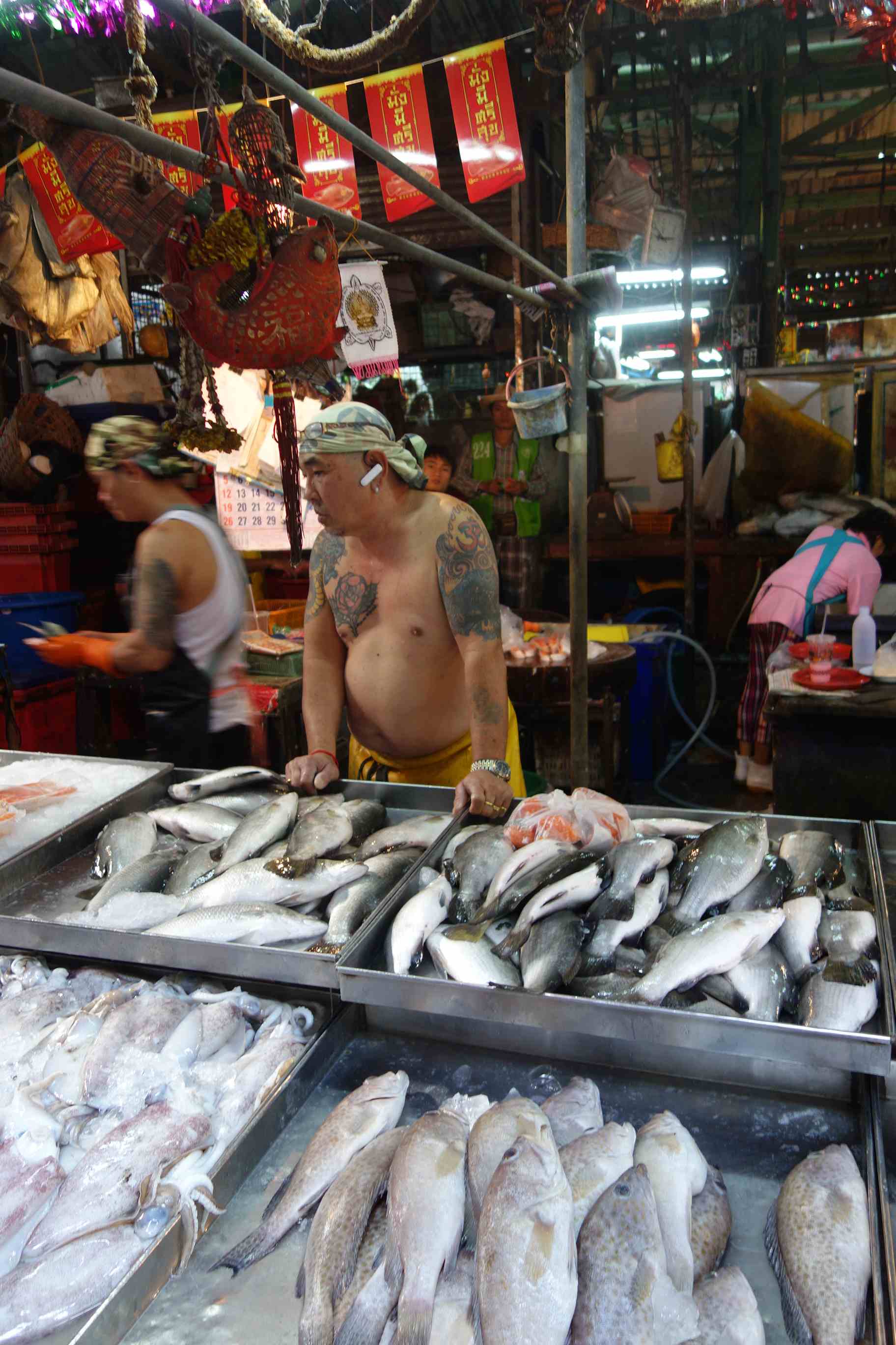 This was perhaps my favorite person in Thailand: shirtless fishmonger wearing a dorag and bluetooth