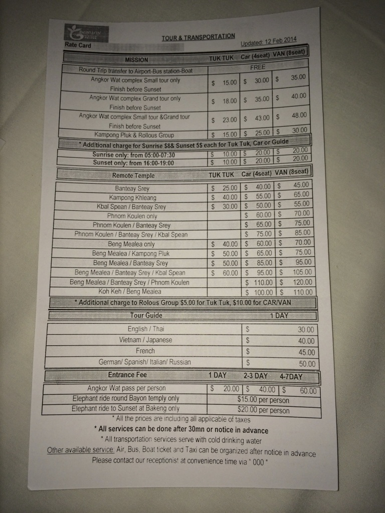 Hotel price list for tours