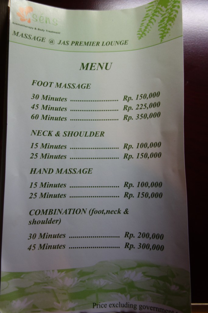 Prices for massages in the lounge