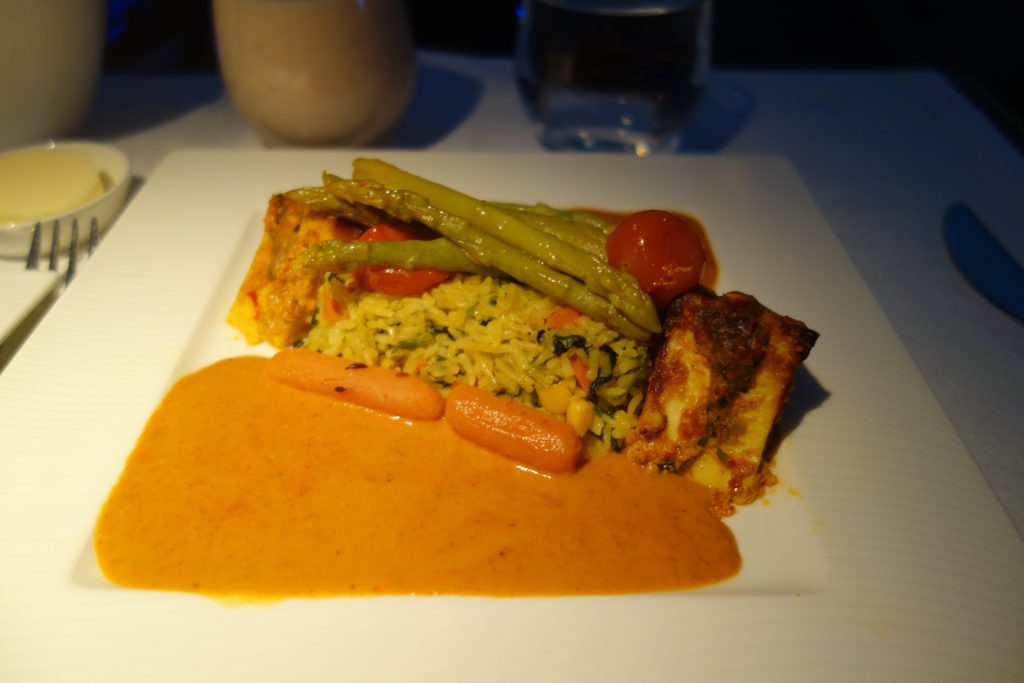 AVML of rice, curry sauce, carrots, asparagus, and paneer