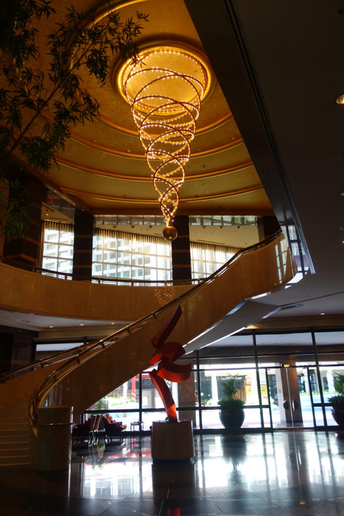 a spiral chandelier in a building