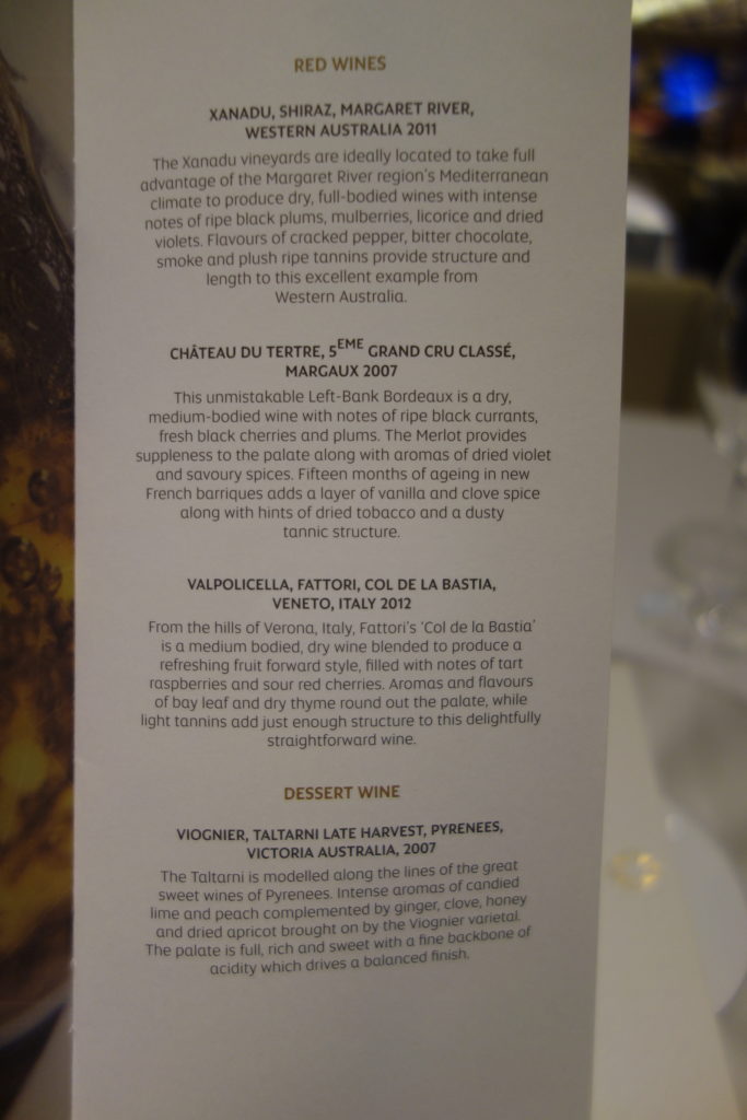 a menu of wine and desserts