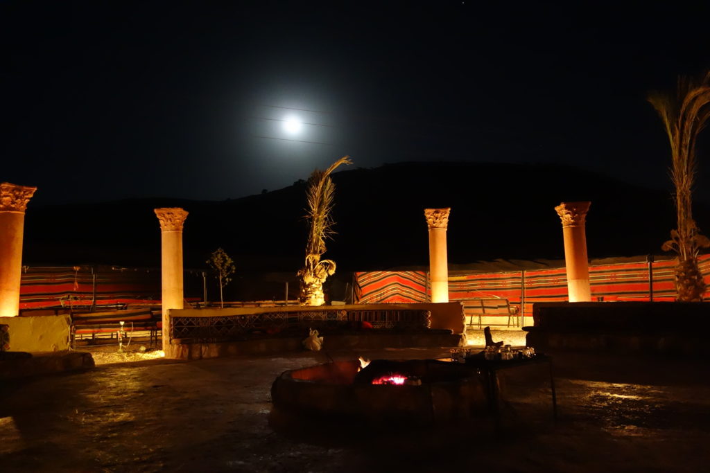 a fire pit with columns and a palm tree at night